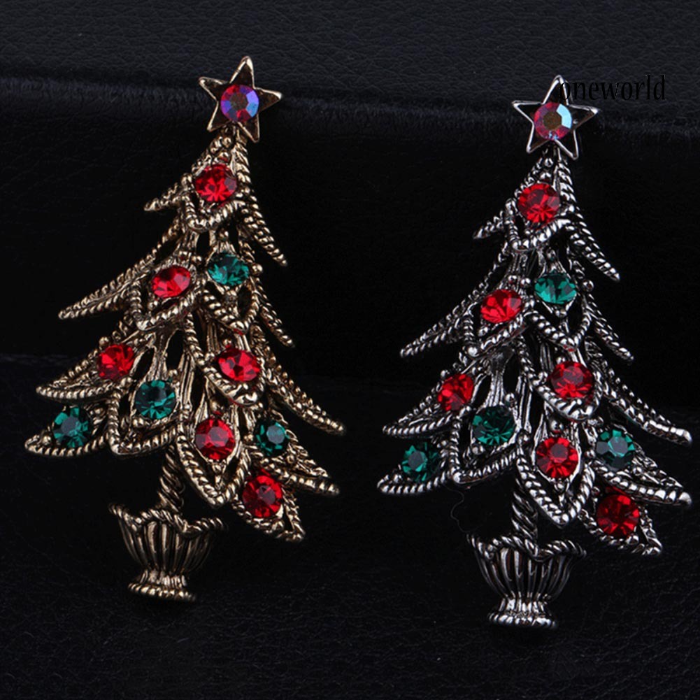 OW@ Vintage Women Rhinestone Inlaid Christmas Tree Brooch Pin Lapel Clip Xmas Gift