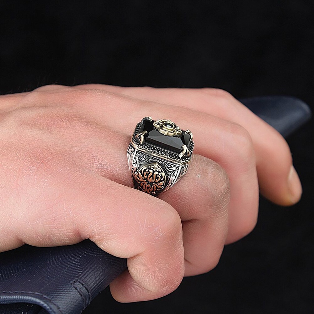 Cincin Handmade Gaya Vintage Turki Bahan Zirkon Warna Hitam Untuk Pria Muslim