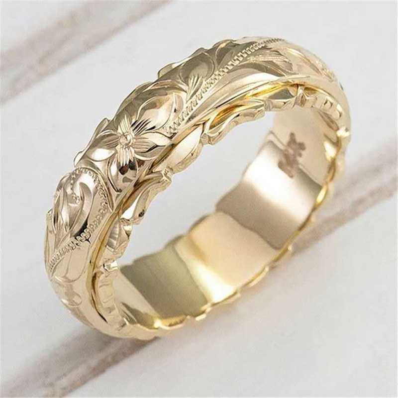 Cincin Emas Kuning 14k Desain Ukiran Bunga Gaya Klasik Elegan Untuk Hadiah Anniversary Wanita