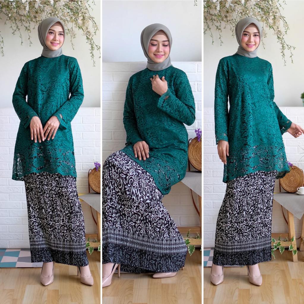 Tunik Alfiana Kebaya Brukat Corneli Tulang Glitter Brokat Timbul Set Kebaya Batik Wisuda Kondangan