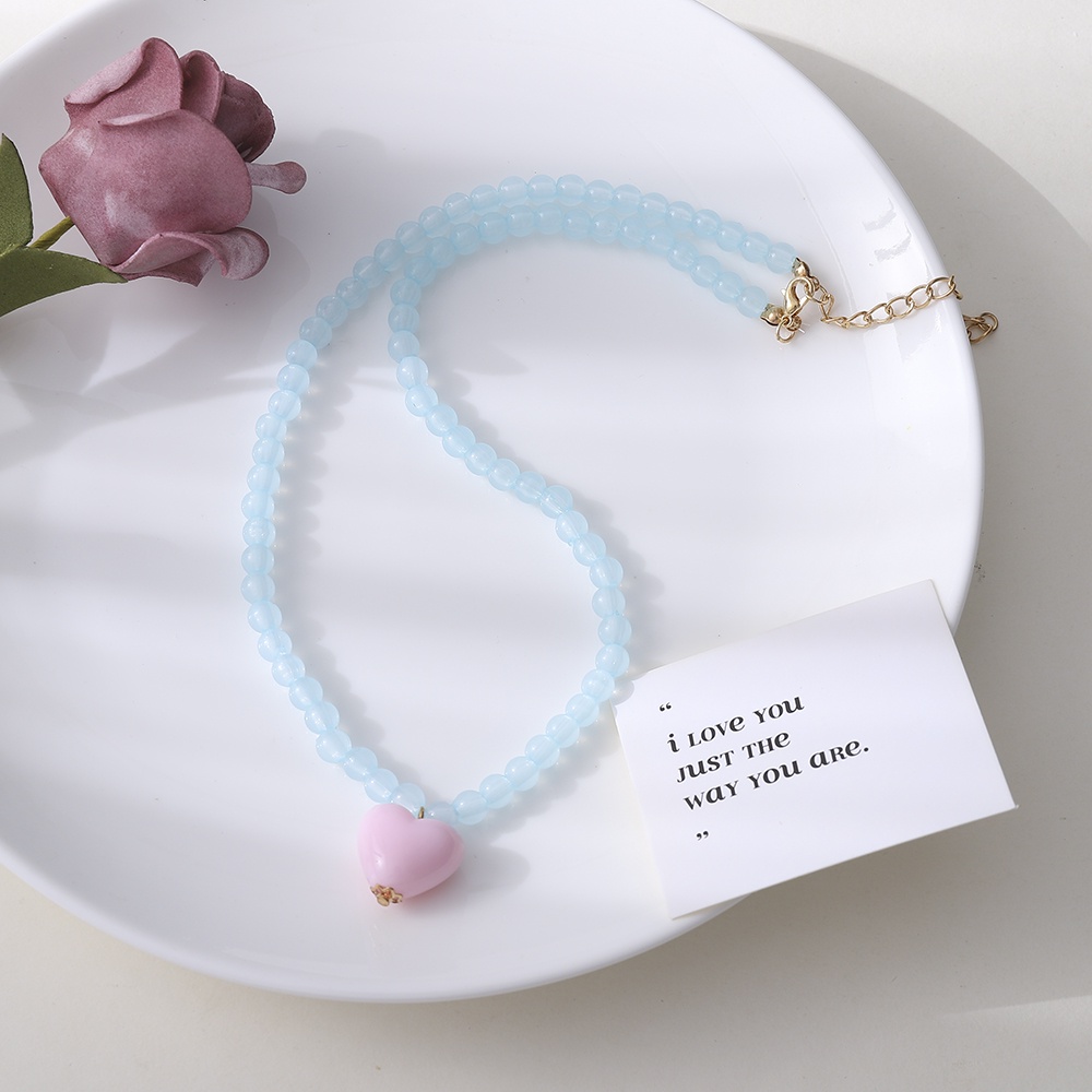 【COD Tangding】Kalung Choker Rantai Klavikula Hias Manik-Manik Kristal Bentuk Hati Warna Pink Biru Mint Untuk Perempuan