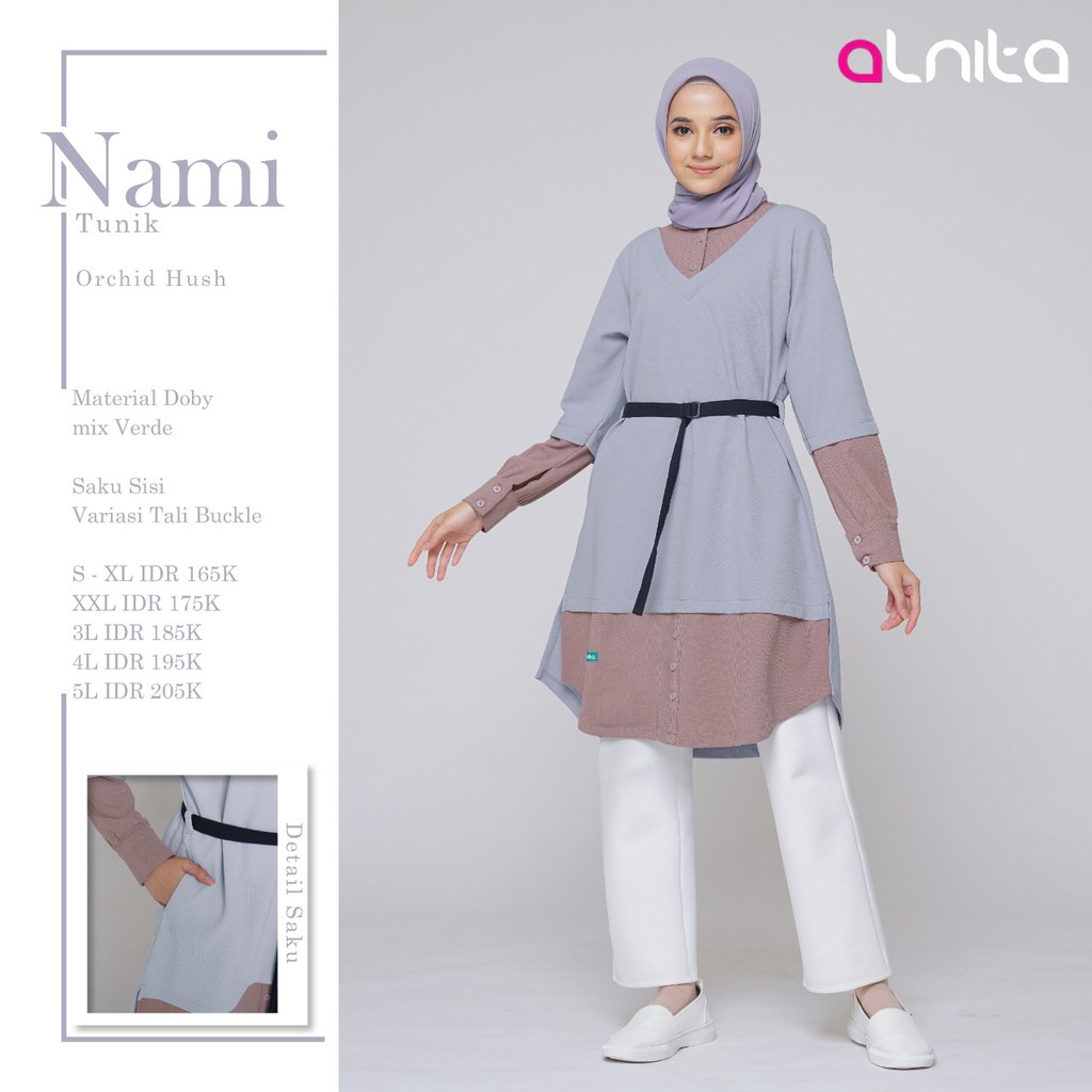 Alnita Nami Atasan Wanita Muslim Bahan Doby Mix Verde Casual Outfit Tunik Daily OOTD