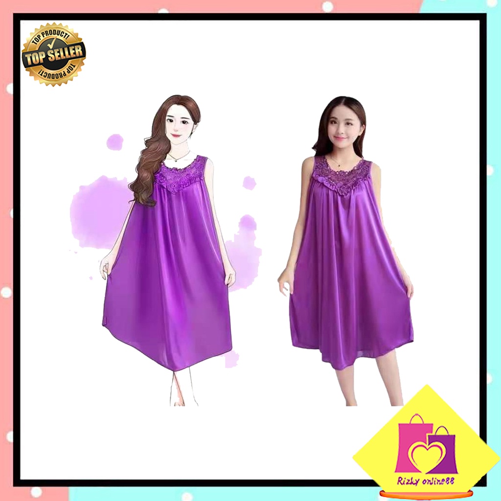 rizkyonline88 baju tidur terusan piyama daster satin