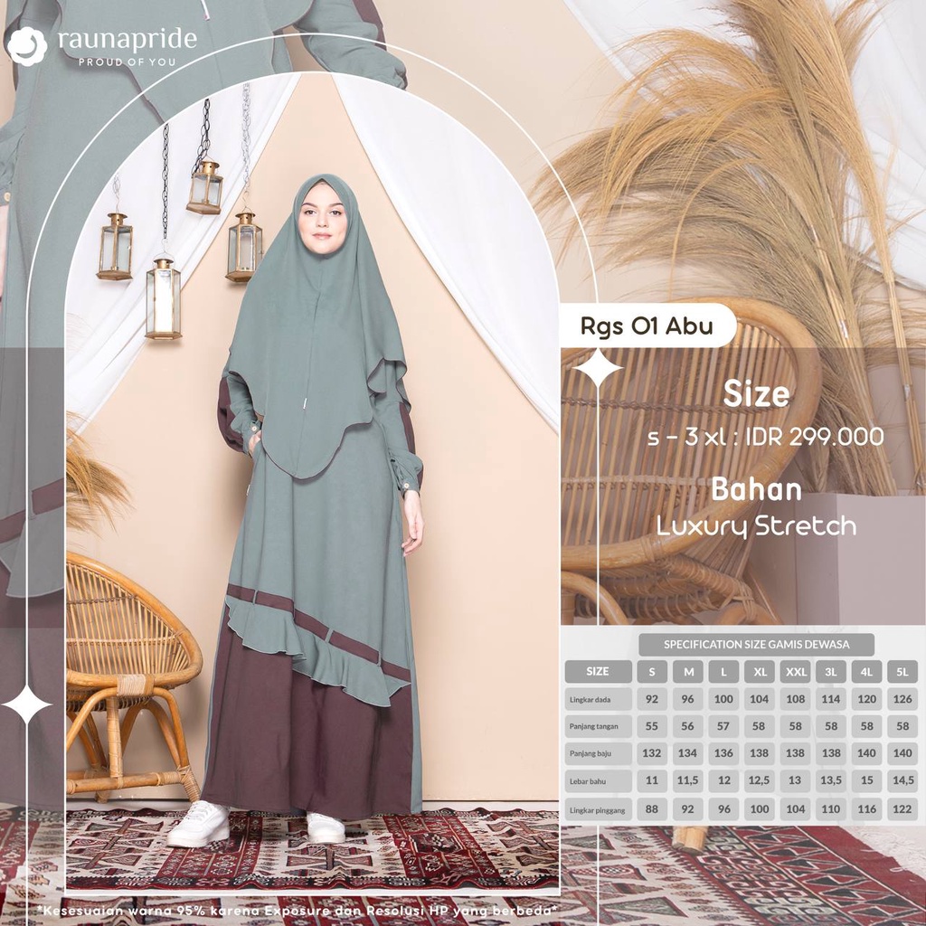 Rauna Gamis Syari Set RGS 01 Abu - Olive - Biru / Maxy / Dress / Fashion Muslim