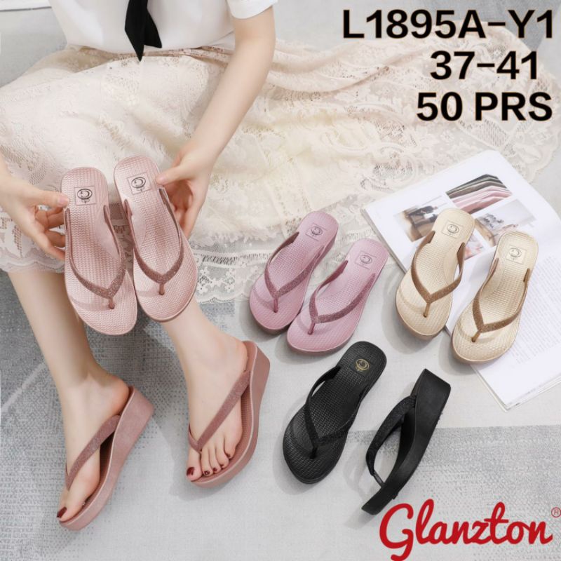 Glanzton Sandal Wedges Jepit Wanita Karet Jelly Gliter Tali Blink Glitter Glossy Cantik Import Casual 5cm L1895 Sendal Japit Impor Perempuan Cewek Glanston Glaston