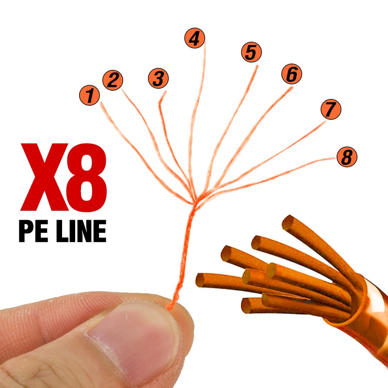 Casting 8X 300m Senar Pancing PE Multifilamen 8 Untaian Super Kuat Warna Oranye Kapasitas 10-82LB