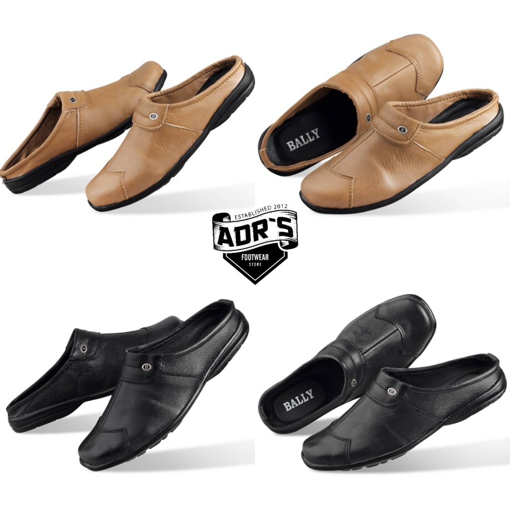 Sepatu casual pria slop Bally polos bahan kulit anti jebol