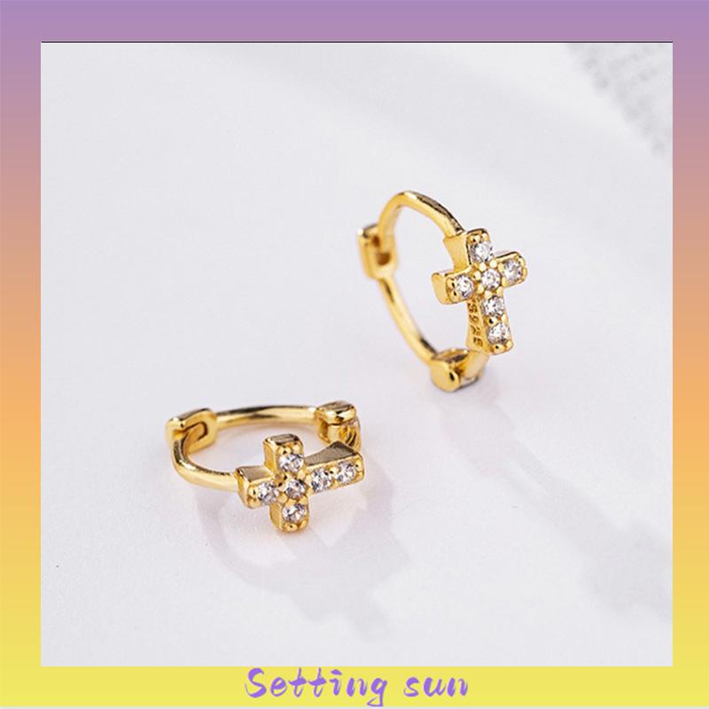 Anting Bulat Mini Lapis Emas 14k Hias Cubic Zirconia Untuk Wanita TN