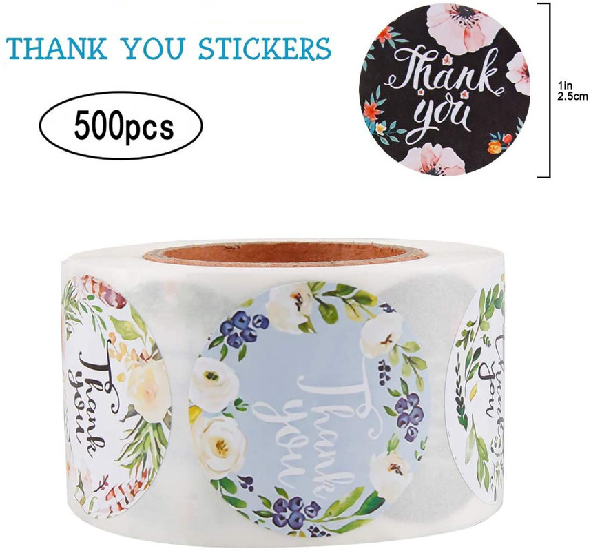 500pcs/Roll  Floral Thank You Stickers/ 8 Types of Floral Packaging Seal Round Labels/ New Year Christmas Birthday Party Gift Sealing Label/ Envelope Thank You Stationery Stickers