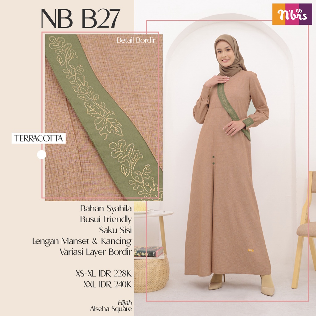 Nibras NB B27 Gamis muslimah Bahan Syahila Design Simple Dengan Varisi Bordis Casual OOTD