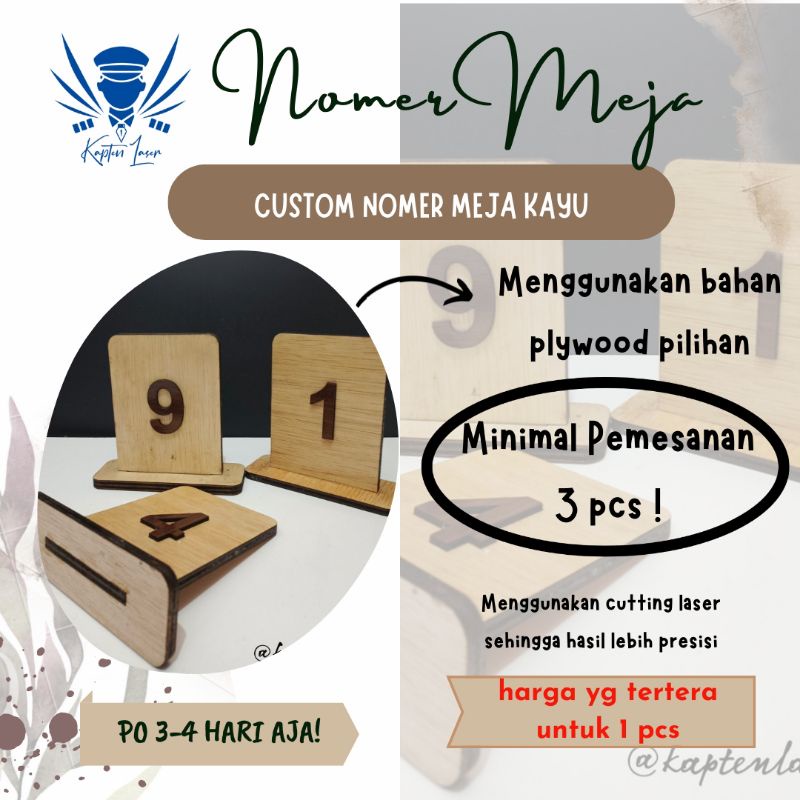 Custom Nomor Meja Kayu Minimalis Lasercut Engraving Custom Logo
