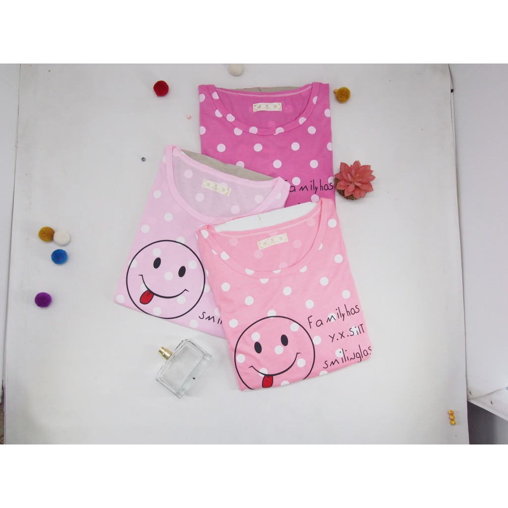 [COD]#888 baju tidur wanita motif smile polkadot bahan katun adem dan lentur