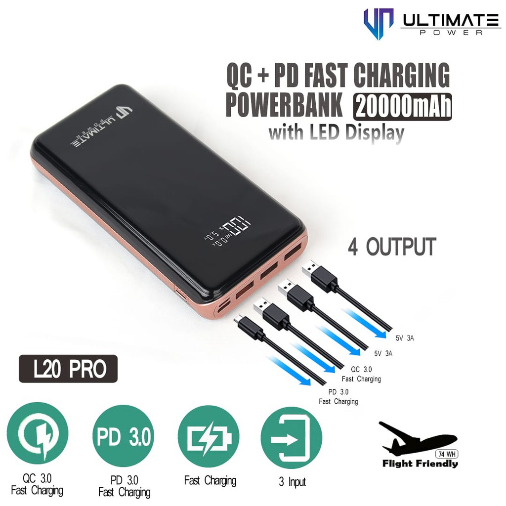 Ultimate Power L20 Pro QC+PD Fast Charging Powerbank 20000 mAh