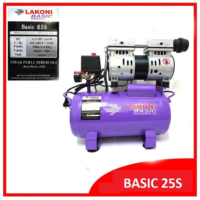 Mesin Kompresor Compressor Oilless Lakoni Basic 25S 0.75HP 24L