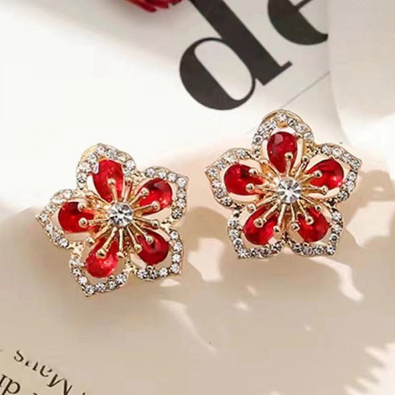 Anting Bentuk Bunga Geometris Aksen Kristal Gaya Korea