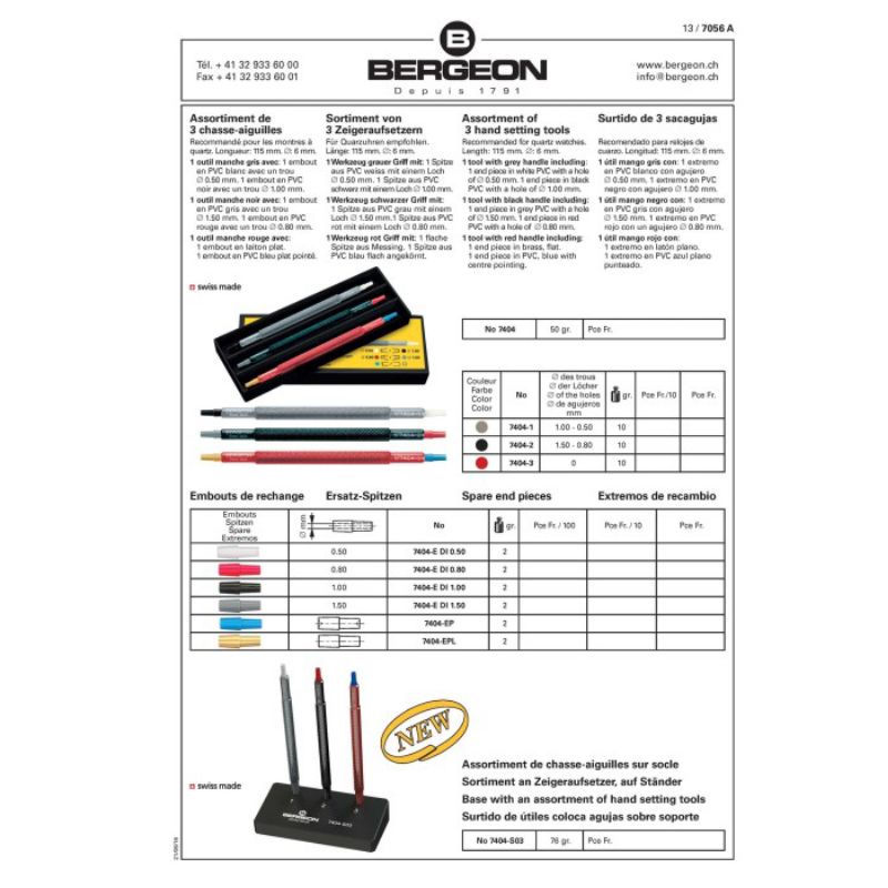 Bergeon 7404 Set of 3 Watch Hand Install Setting Tools Dual Sided with Replaceable Tips