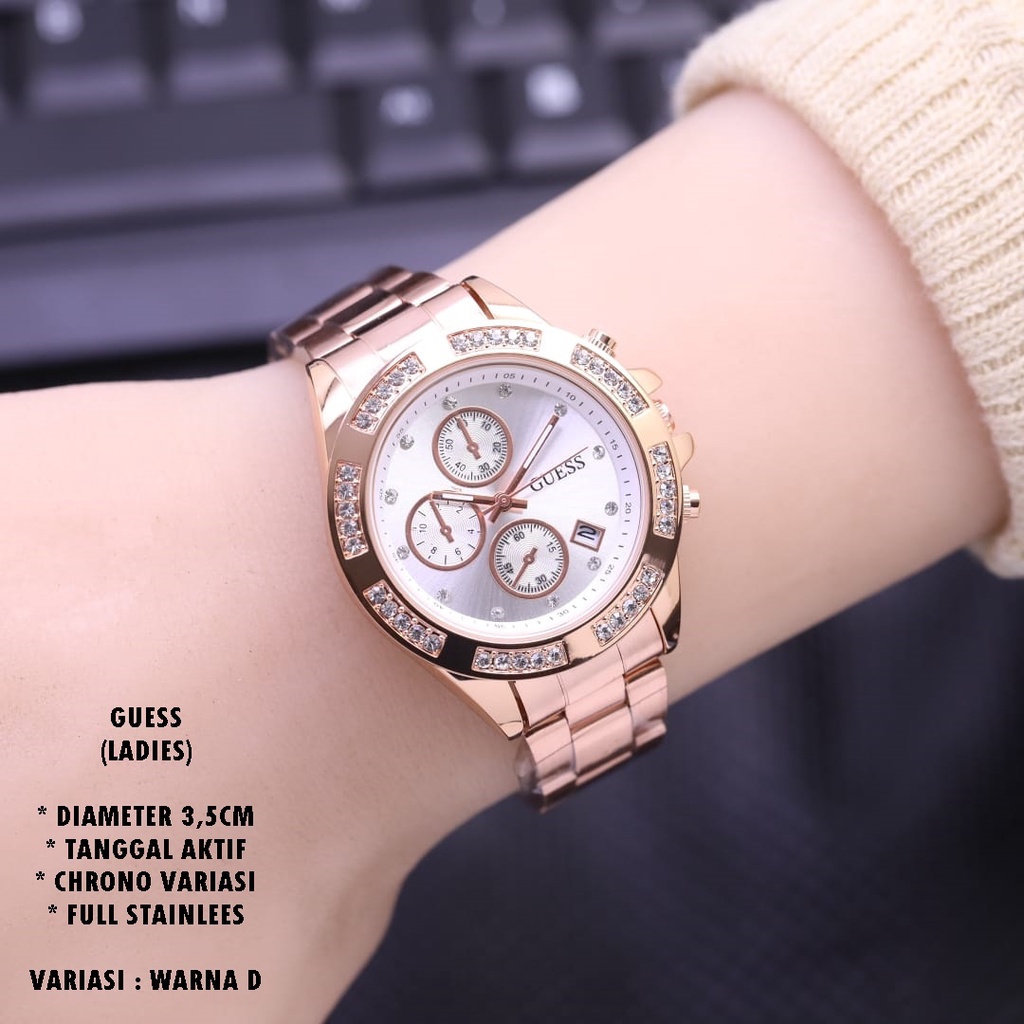 (BISA COD) JAM TANGAN WANITA GUESS RANTAI BODY BULAT TANGGAL AKTIF CHRONO OFF