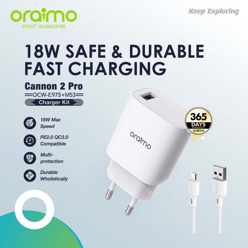 Oraimo OCW-E97S + M53 Cannon 2 Pro Charger Kit Micro USB 18W Fast Charging - Garansi 1 Tahun