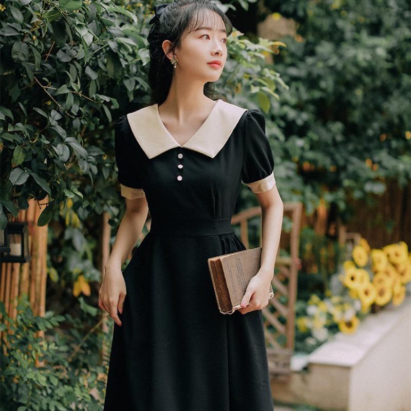 [littlecrab] Dress Collar With Pearl Gaun Wanita Panjang Lengan Pendek Two Tone Color Maroon Hitam Simple Berkualitas Dress Berkerah Kasual Simply Korean Style