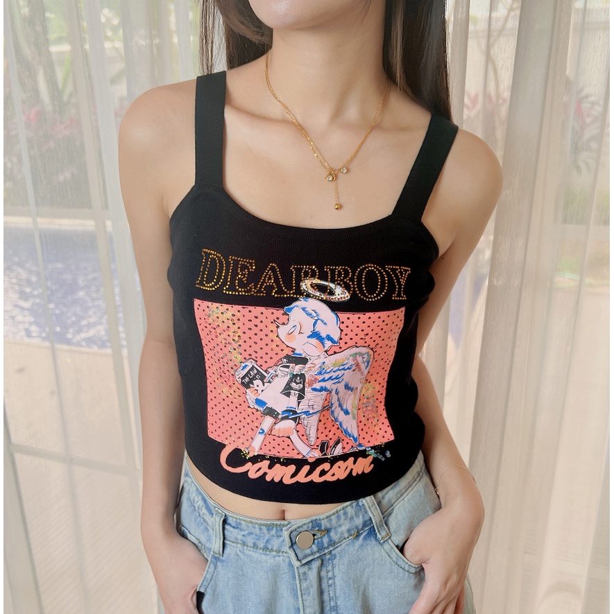 【Elegant】Summer Print Crop Top  Knit Black Tank Top 7428