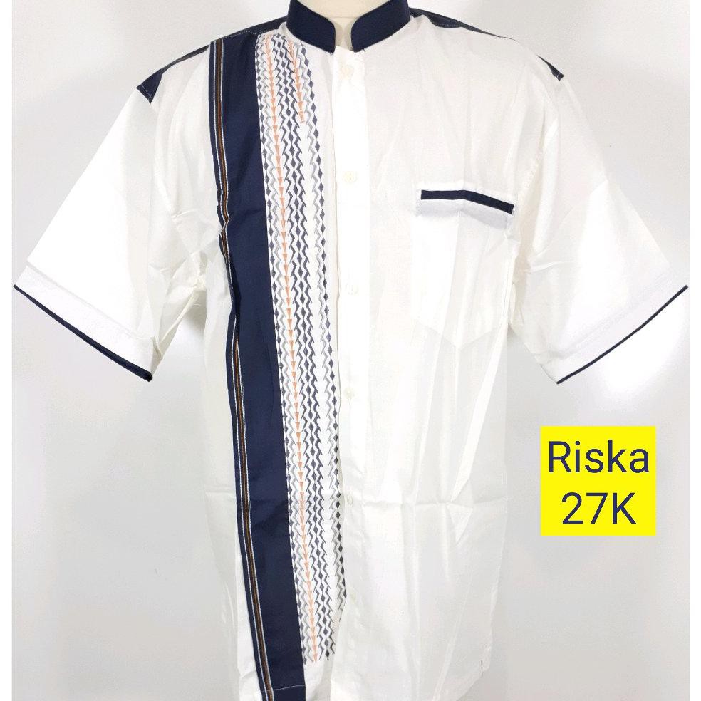 Koleksi Terbaru Atasan Baju Muslim Lebaran Koko Putih Pendek Katun aplikasi Bordir Keren Terbaru -
