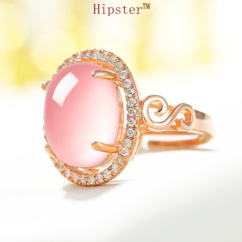 Elegant Ethnic Antique Rose Gold Egg-Shaped Pink Crystal Hand Adjustable Ring