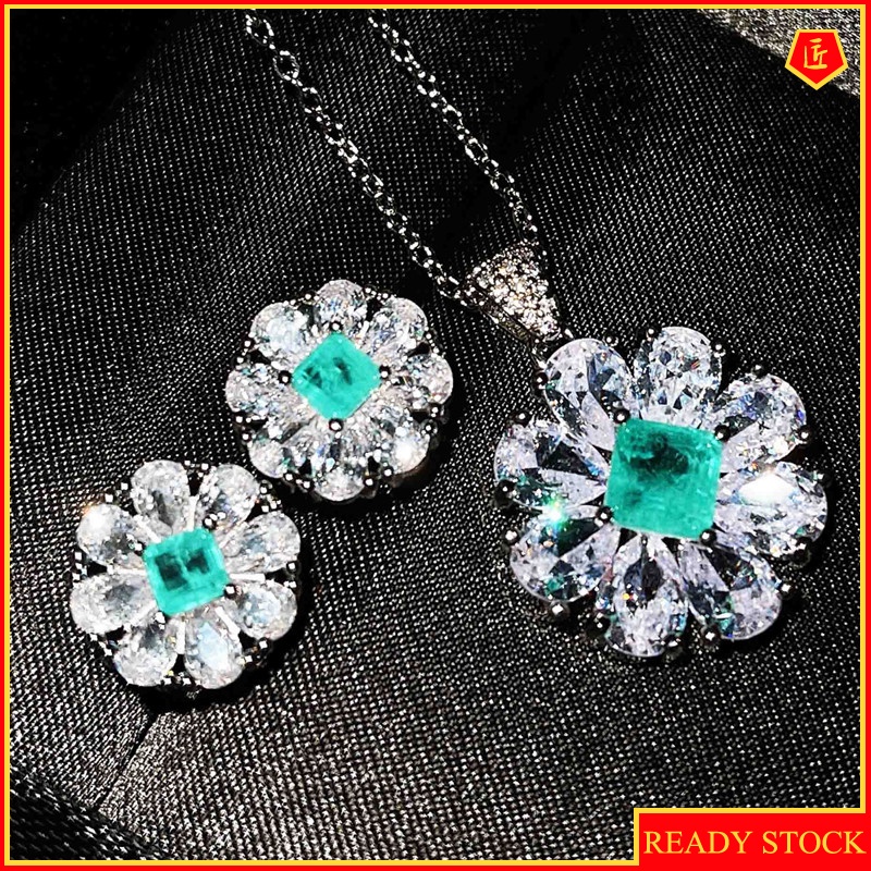 [Ready Stock]Natural Paraiba Necklace Ear Stud Jewelry Set