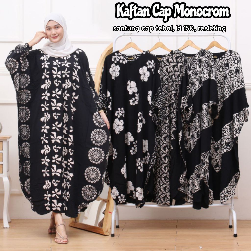 Kaftan Super Jumbo LD 150 Hitam Putih Elegan Rayon Premium Candi Mekar Tebal Kaftan Batik Cap Asli Kaftan Busui Resleting Depan Fashion Wanita Muslim Viral TERMURAH BiSA COD / BAYAR DITEMPAT MOTIF ABSTRAK BY BATIK SULMIT