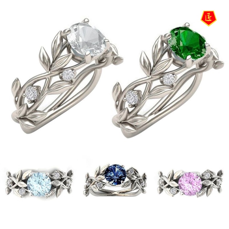 [Ready Stock]Creative Diamond Sapphire Olive Leaf Ring