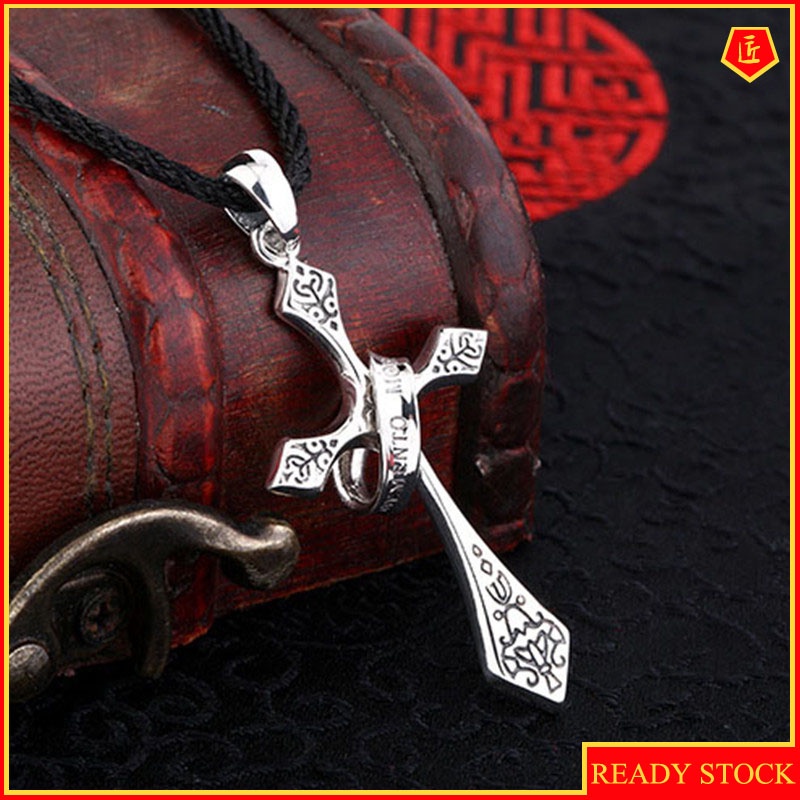 [Ready Stock]Fashion Personality Cross Men's Pendant Thai Silver Black Necklace