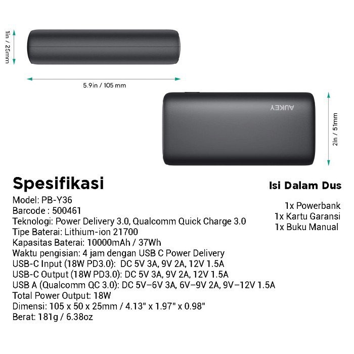 Aukey Powerbank 10.000 mAh Sprint Go PD &amp; QC - 500461 - PB-Y36