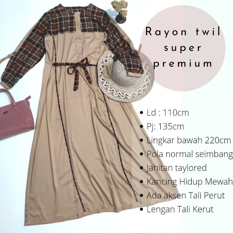 Gamis Rayon Twill super premium mix tartan kancing depan busui friendly lengan karet gaun remaja kek