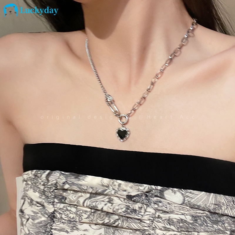 YEEZII Kalung Choker Rantai Warna Silver Bentuk Hati Hitam