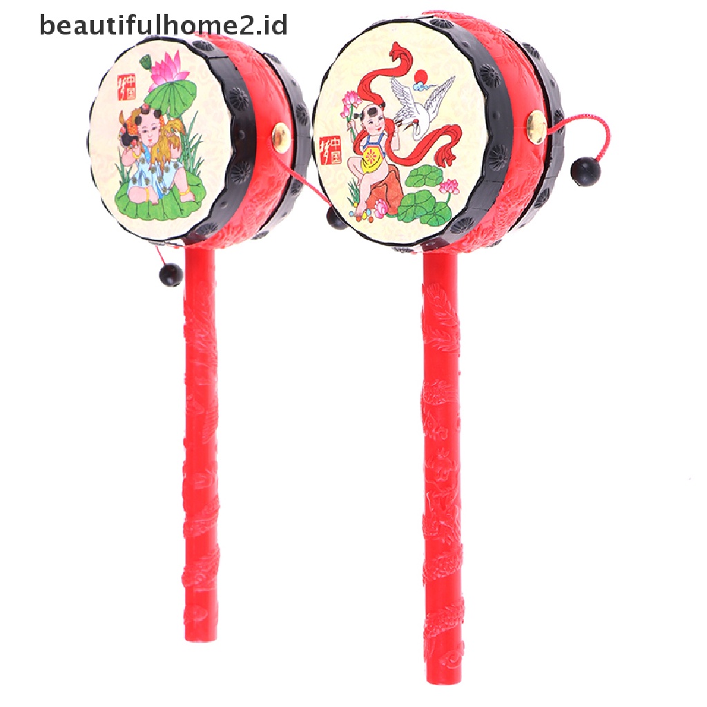 (Beautifulhome2) Buku Literatur Bahasa MandarinId 1pc Mainan Rattle Drum Tradisional Cina Motif Kartun Untuk Bayi