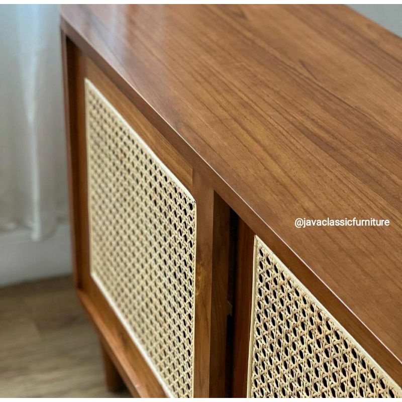 BUFET TV ROTAN RETRO SCANDINAVIA MINIMALIS OVAL UKURAN 150CM PINTU 2 SLEDING KABINET DRAWER KAYU JATI GRADE A NATURAL MURAH DARI JEPARA-3