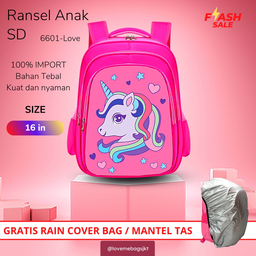 LMB Tas Anak Sekolah Perempuan SD Import Karakter Lucu Unicorn Love Bahan Nilon Premium Tebal Gambar Depan Timbul 6D