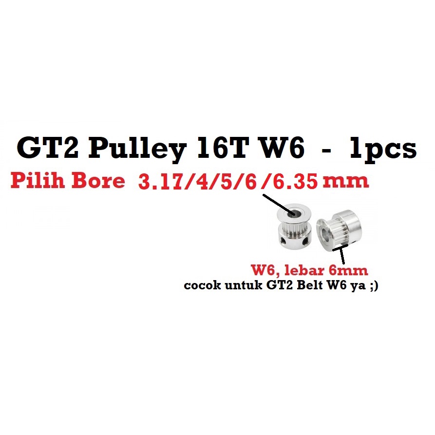 [HAEBOT] GT2 Pulley Timing 16T W6 Bore 3.17 4 5 6 6.35 mm Puley CNC 3D Printer Aluminium Pitch 2mm Aktuator Slider Bergigi Gigi Teeth 16