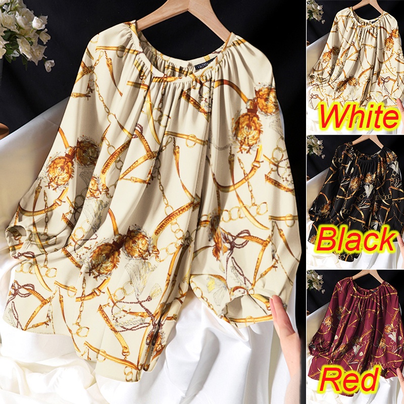 ZANZEA Women Long Sleeve O-Neck Back Buttons Vintage Print Pleated Loose Blouse