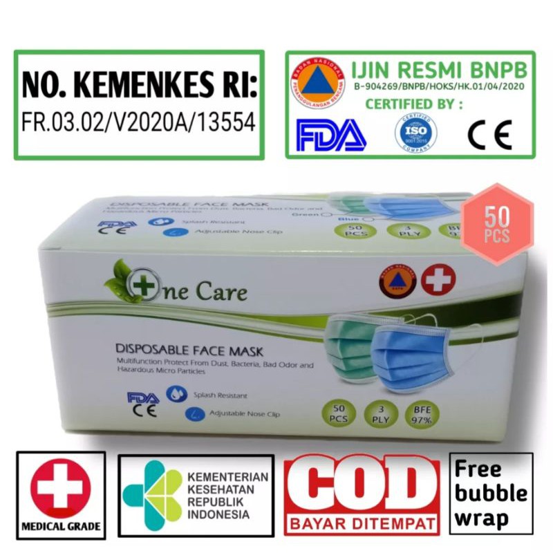 MASKER ONECARE 50pcs ONE CARE 3PLY MEDICAL Earloop BIRU HIJAU 1box 50pcs