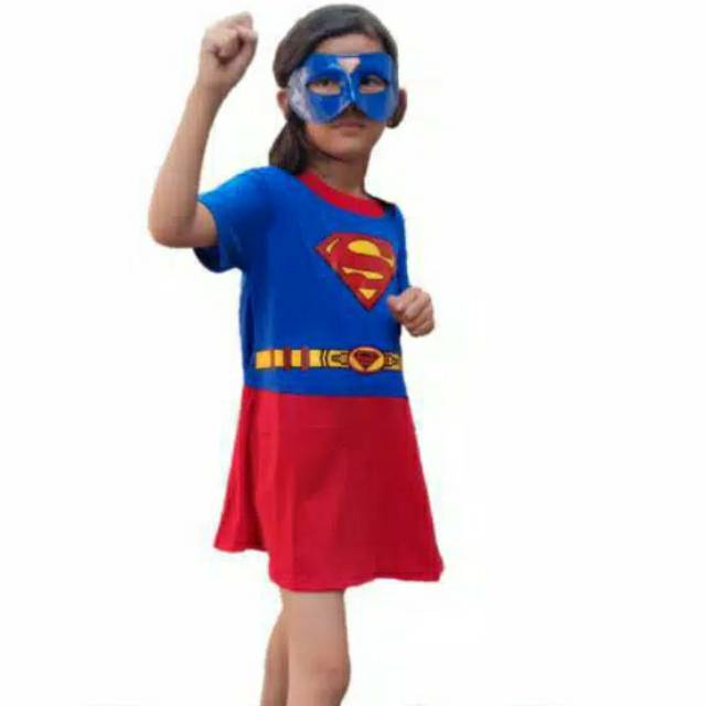 Kostum baju anak perempuan supergirl dress DAPAT TOPENG / DRESS SUPERHERO SUPERMAN SUPERGIRL