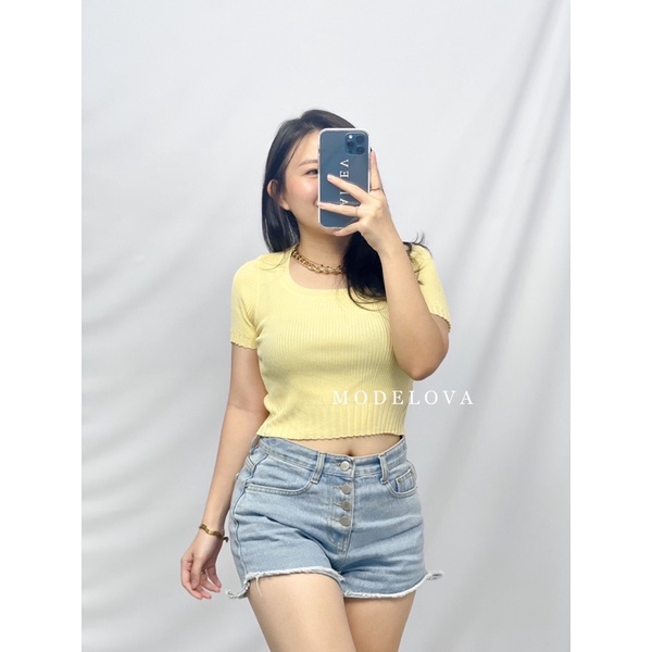 MDLV ~ A201# Vedora Knit Cropped Top Atasan Crop Blouse Rajut Lengan Pendek Fashion import