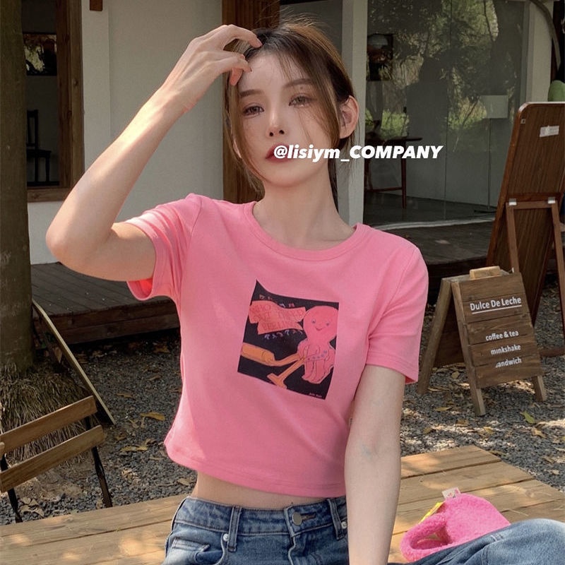 pro i fun print kaos lengan pendek wanita musim panas manis dan pedas gaya niche slim short crop top