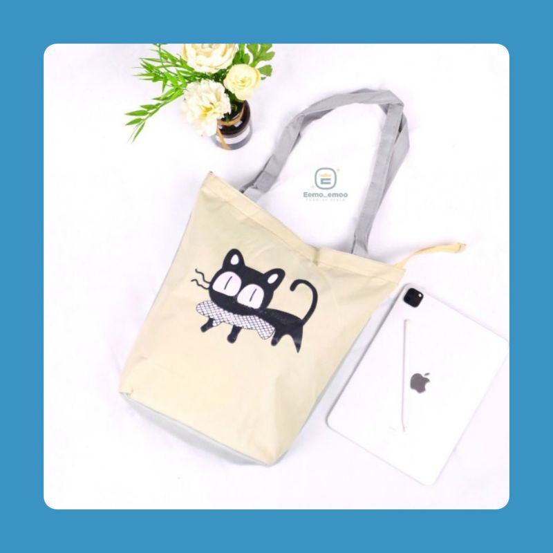 Cat Tote Bag wanita sablon Kucing-Tas jinjing Wanita- Totebag wanita kuliah Murah EMOEMO