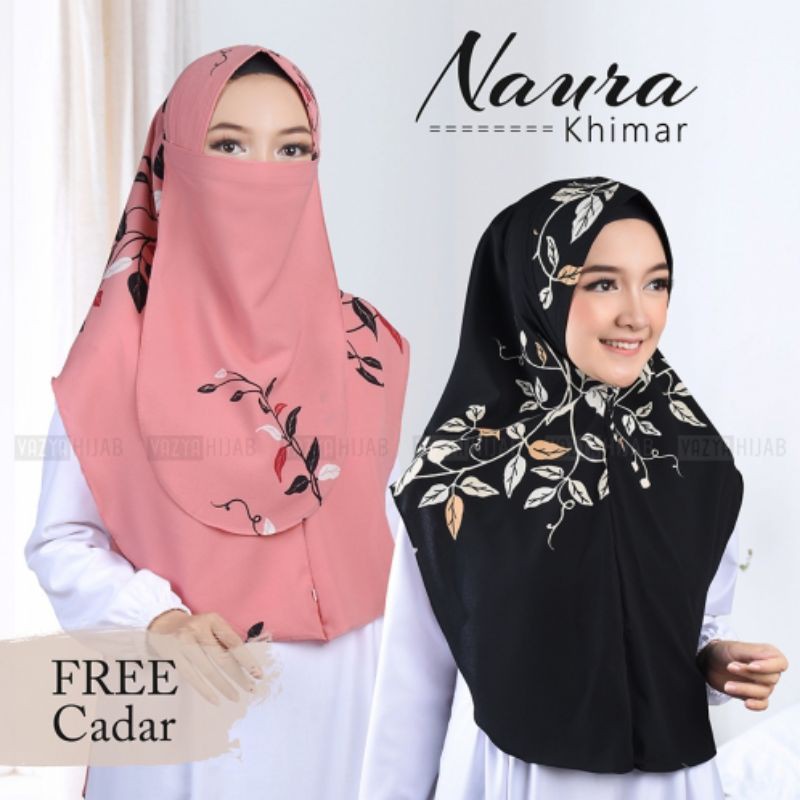 Hijab Khimar Jilbab Naura Free Cadar Karet Softpad Antem Motif Daun dan Ranting Bubbleprint