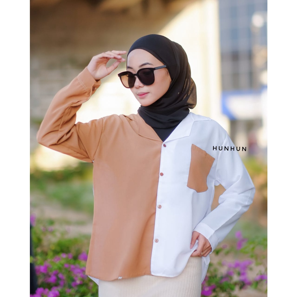 CUCI GUDANG!! Kemeja Wanita KEMEJA TWO TONE Kemeja Twotone Wanita Atasan Blouse  Kemeja Kombinasi Wanita Kemeja Warna Warni Kemeja Dua Warna Blouse Casual