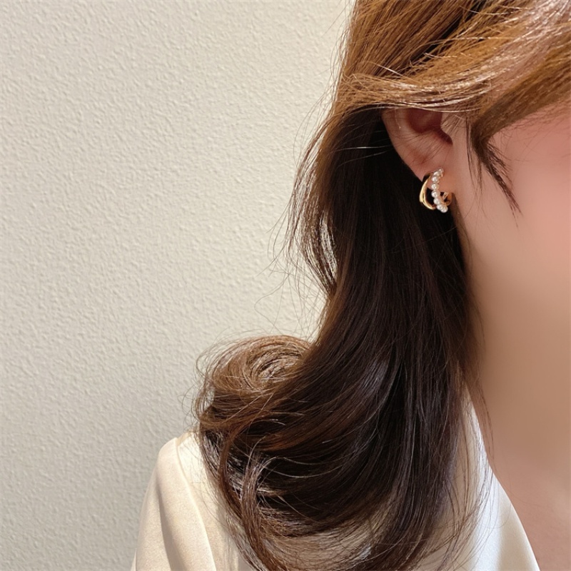 Anting Mutiara Berbentuk C Baris Ganda Sederhana Aksesoris Telinga Korea Wanita