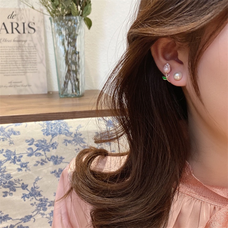 AY(CN) Anting Stud Desain Bunga Tulip Aksen Mutiara Warna Pink Untuk Aksesoris Rambut Wanita