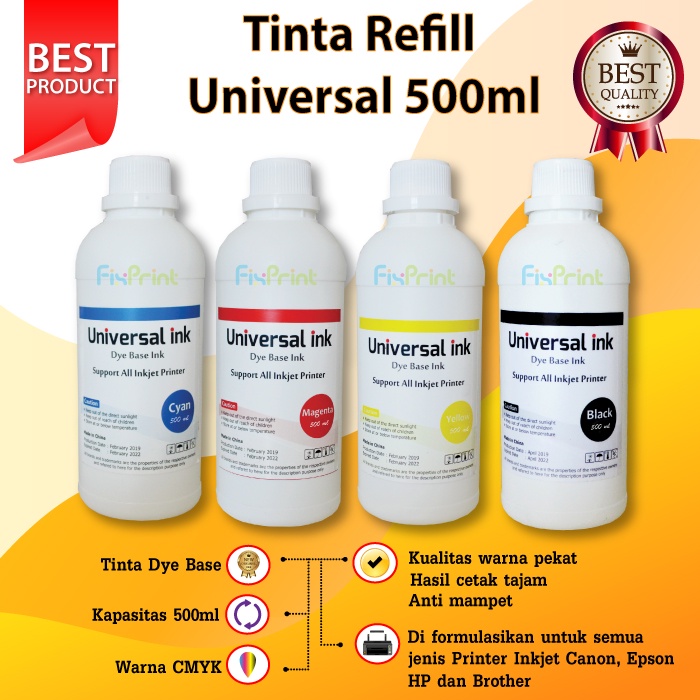 Paket Tinta Refill Universal Ink 500ml CMYK, Tinta Botol Dye Base Printer HP Canon Epson Brother