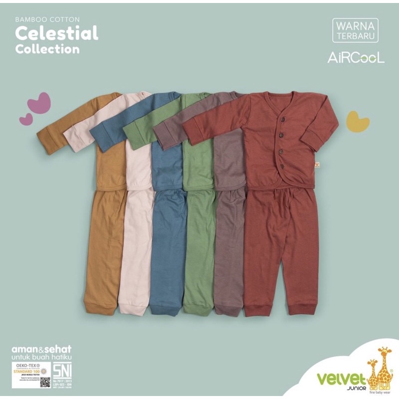 Baju Bayi Piyama Anak Setelan Panjang Kancing Tengah Celana Panjang 0-12 Bulan Velvet Junior Aircool Cotton Celestial Series