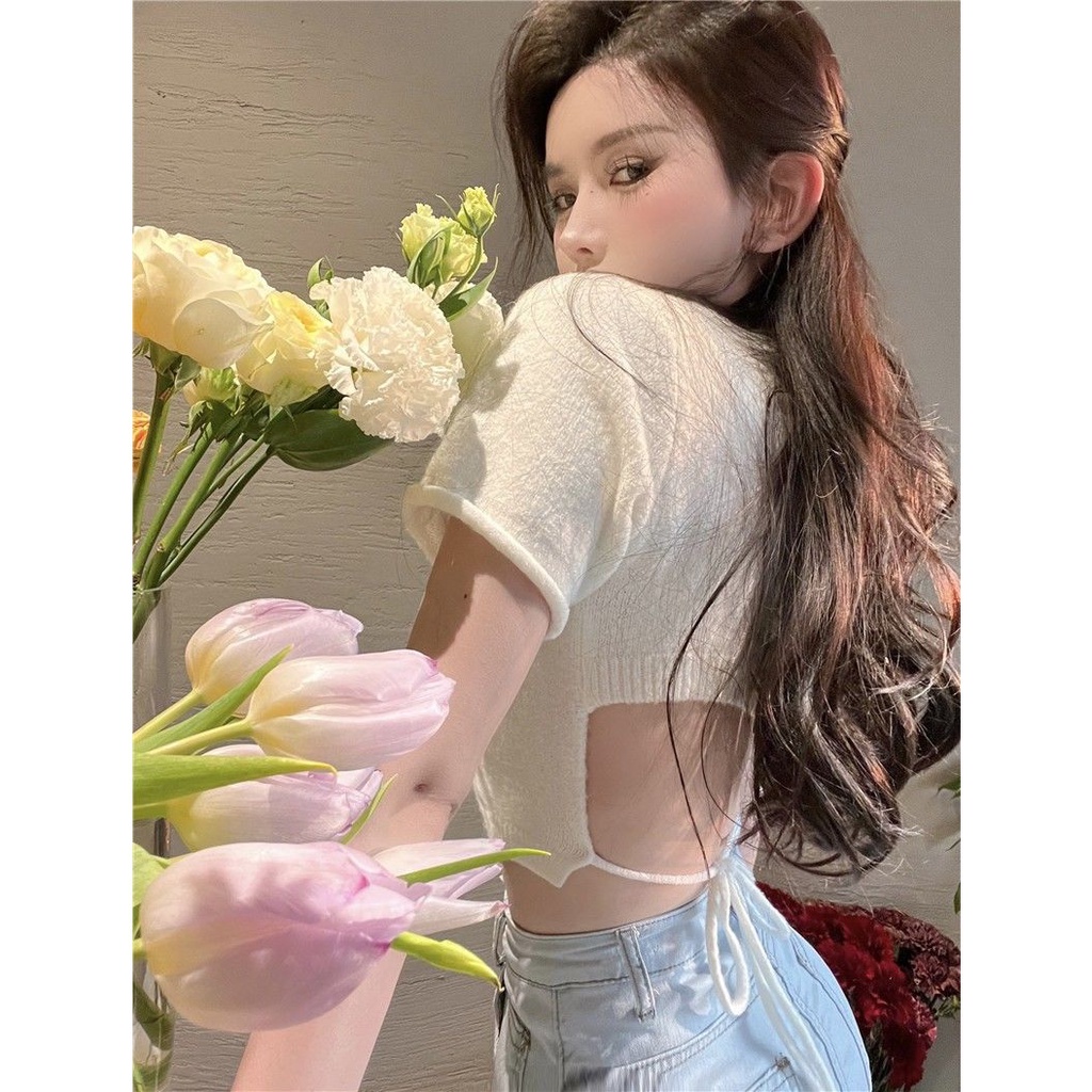 Buktikan atasan kekinian crop top summer chic design sense niche pure sweet babes sexy backless knitted short-sleeved t-shirt women s strappy crop top baju import kaos wanita korean style